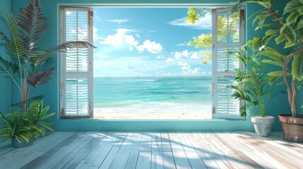 Fototapeta premium background: A sunny beach resort wallpaper evoking relaxation and vacation vibes, perfect for a modern sunroom.