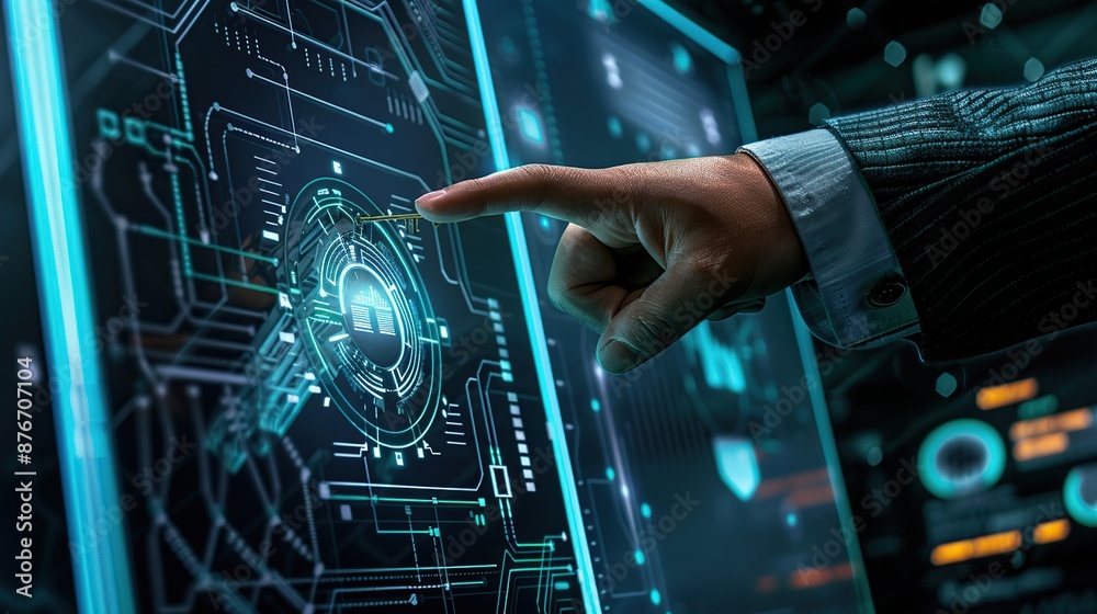 Poster businessman's finger about to touch a glowing digital key to unlock a high-tech security system.