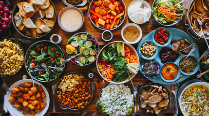 Fototapeta premium A table piled with various dishes, including salads, pasta, and snacks. A colorful spread of food.