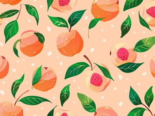 Cute seamless pattern with stylized peach fruits and green leaves, arranged on a soft orange background, perfect for a whimsical and fun fruit-themed design