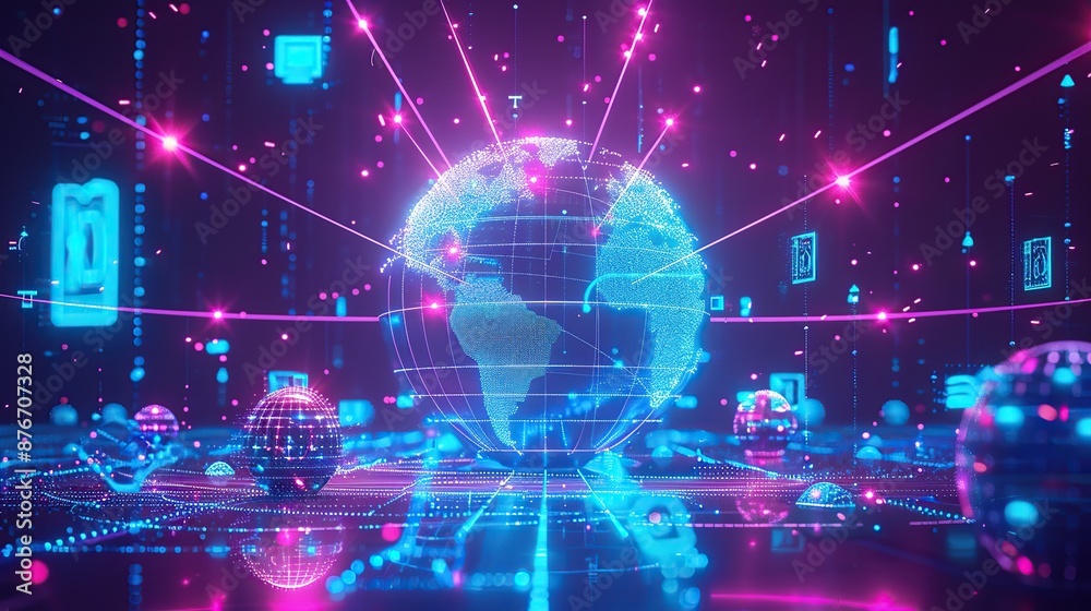 Poster Glowing Digital Globe with Intricate Circuitry and Data Flow