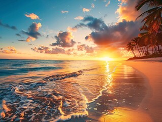 Idyllic summer evening on an Atlantic island beach, vibrant sunset illuminating the wild palm trees and creating a beautiful contrast with the calm, rippling ocean waves gently breaking on the sand