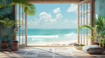 background: A sunny beach resort wallpaper evoking relaxation and vacation vibes, perfect for a modern sunroom.