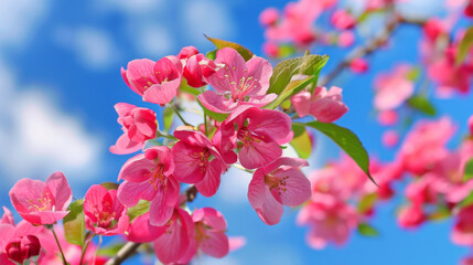 Lovely pink flowers bloom against a vibrant blue sky, creating a stunning spring backdrop.