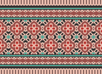 Cross Stitch Embroidery. Ethnic Patterns. Native Style. Traditional Design for Texture, Textile, Fabric, Clothing, Knitwear, Print. Geometric Pixel Horizontal.