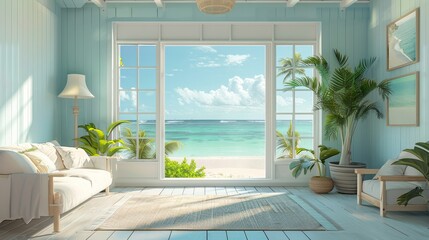 background: A sunny beach resort wallpaper evoking relaxation and vacation vibes, perfect for a modern sunroom.