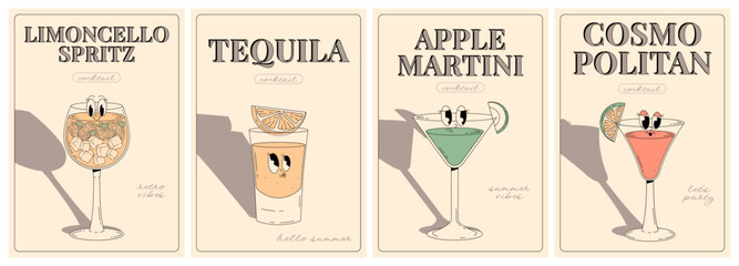 Groovy character beverages. Retro summer poster set with popular alcoholic cocktail apple martini, limoncello spritz, tequila, cosmopolitan. Vintage vector illustration in 70s, 80s style