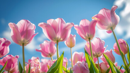 Fototapeta premium Lovely pink flowers bloom against a vibrant blue sky, creating a stunning spring backdrop.