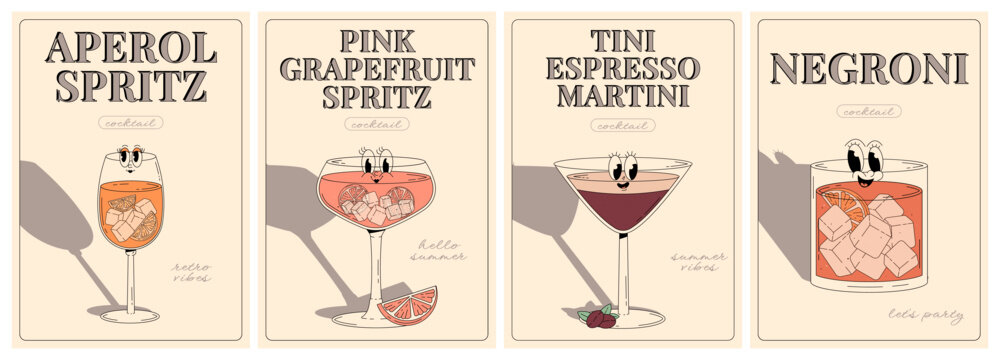 Groovy character beverages. Retro summer poster set with popular alcoholic cocktail aperol spritz, pink grapefruit spritz, tiny espresso, martini,negroni. Vintage vector psychedelic illustration