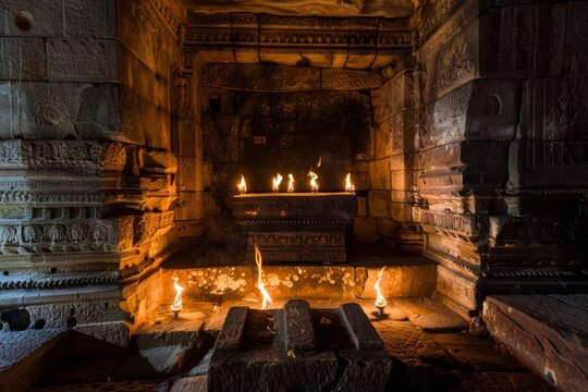 A sacred altar surrounded by flickering torches, casting dancing shadows upon the ancient stone walls of a temple, Generative AI