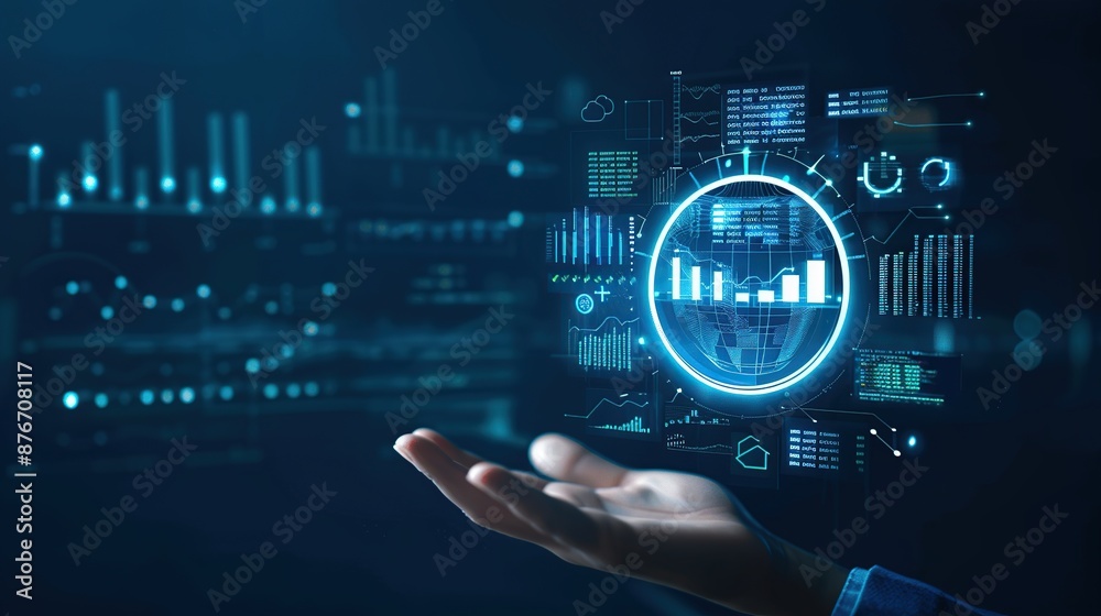 Poster Hand holding glowing globe with data analysis interface