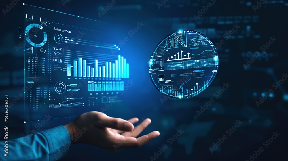 Aufkleber Hand holding a glowing sphere with data analysis and graphs in a dark blue background