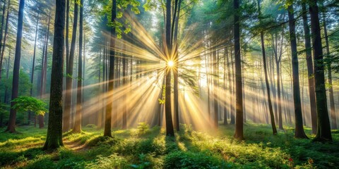 Obraz premium Sun rays shining through the dense forest trees creating a magical and ethereal atmosphere, sunlight, woods, trees
