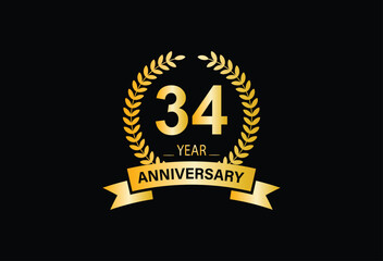 34th golden anniversary logo, 34 years anniversary celebration with ring and ribbon.