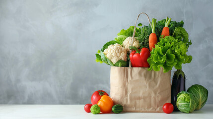 Vegetable-themed photo to promote natural products. A paper bag from the supermarket with carrots, cauliflower, tomatoes, lettuce, and squash is placed on a white table with copy space. Front view.