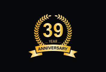 Naklejka premium 39th, 39 years, 39 year anniversary gold color on black background abstract style logotype. anniversary with gold color isolated on black background, vector design for celebration vector