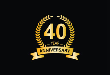 40th Anniversary ordinal number Counting vector art illustration in stunning font on gold color on black background