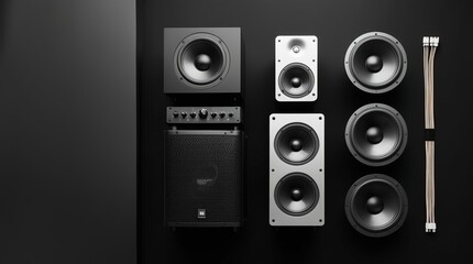 Obraz premium Speakers and Audio Equipment on Black Background. Copy space, flat lay. For use in advertising, electronics promotions, and audio-related projects