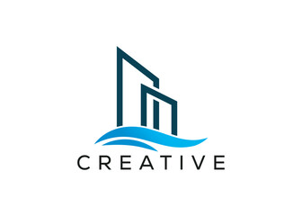 Obraz premium Minimal and professional abstract Building and wave logo design template