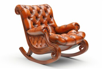 Vintage brown leather rocking chair with intricate wooden frame.