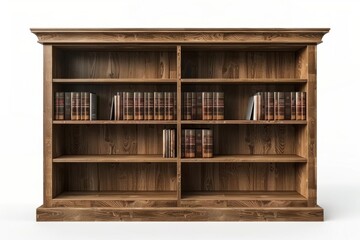 Wooden bookcase with books on shelves, isolated on white background.