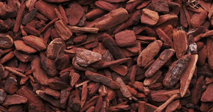Top view of dry quinquina bark chopped footage 360&deg; full rotation in 4k
