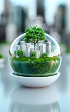 Miniature cityscape captured inside a glass globe, emphasizing eco-friendly urban living and sustainability amidst a blurred city background.