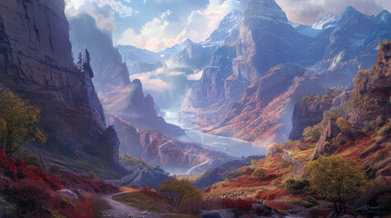 Fototapeta premium A scenic view with a winding road leading into the distance, surrounded by towering mountains.