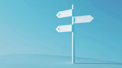 Blue sign with white arrows points out different directions on a light blue background. Shows options for where to go at a crossroads. Simple design, 3D rendering.