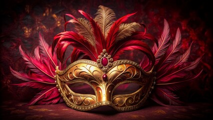 A Beautiful Golden Mask With Red And Gold Feathers. Perfect For Mardi Gras, Halloween, Or Any Other Special Occasion.