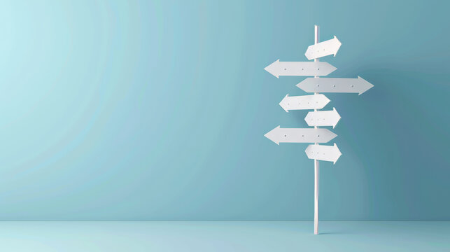 Blue sign with white arrows points out different directions on a light blue background. Shows options for where to go at a crossroads. Simple design, 3D rendering.