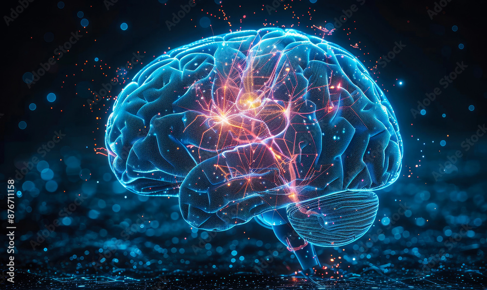 Poster advanced smart brain technology with digital neural network visualization at night showcasing future