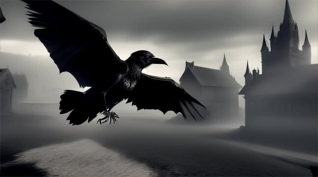 Silhouettes of crows and witches flying in the sky above the moon.