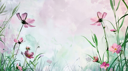 Naklejka premium Fresh spring flowers and grass surrounded by a delicate watercolor frame.