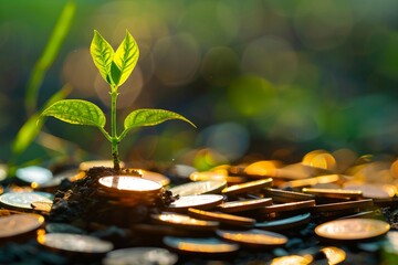 Growing Investments: A close-up of a plant sprouting from a pile of coins or currency notes, symbolizing the growth of investments and financial prosperity.