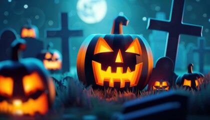 Dark cemetery, glowing 3D pumpkins, flat design illustration