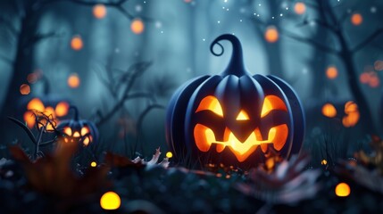 Fototapeta premium Dark forest, glowing 3D pumpkins, flat design illustration