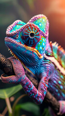 Obraz premium Vibrant Multicolored Chameleon Lizard Close-Up on Branch in Exotic Jungle, Daylight, Nature's Beauty, Color Changing Skin, Reptile Photography