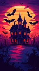 Bats flying, haunted 3D mansion, flat design illustration