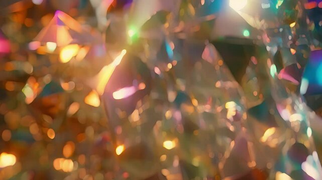 A collection of iridescent polyhedra reflecting and refracting light in a dazzling display.