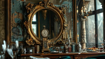 Background: Rusty metal equipment and weathered plumbing pipes create a vintage, grunge atmosphere in the old kitchen, adding a rustic charm to the home's interior.