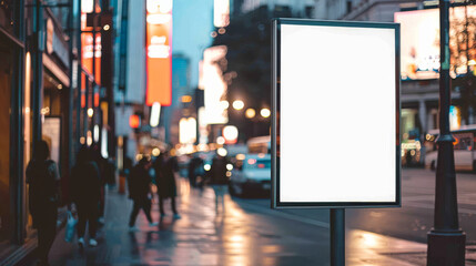 Billboard near the sidewalk in a city center. Blank, square-shaped billboard with focus on the foreground. Background is blurred.