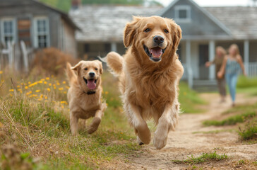 Two joyful golden retrievers running in a field in front of a house
