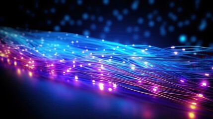 Glowing fiber optic cables background, perfect for telecommunications and network technology presentations