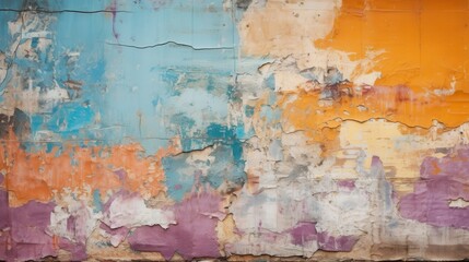 Grunge wall with peeling layers of colorful paint, perfect for a vibrant backdrop in children s art workshops or creative studios