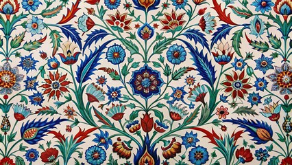 Naklejka premium Blue And Red Floral And Leaf Tile Pattern From Turkey.