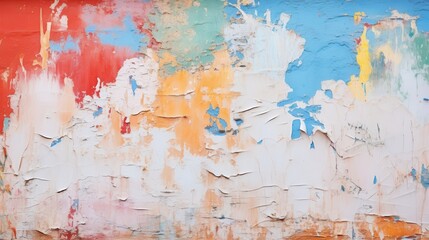 Grunge wall with peeling layers of colorful paint, perfect for a vibrant backdrop in children s art workshops or creative studios
