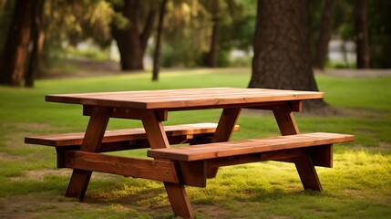 Handcrafted wooden picnic table in an outdoor park setting, with large copy space for casual and outdoor product lines