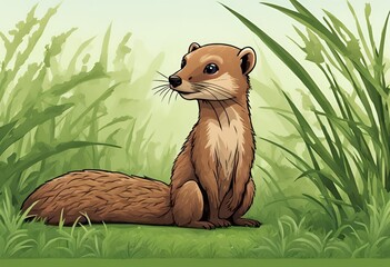 mongoose resting in the tall grass, surrounded by its natural habitat.Cartoon Abstract art.
