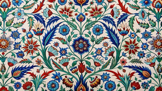 Blue And Red Floral And Leaf Tile Pattern From Turkey.